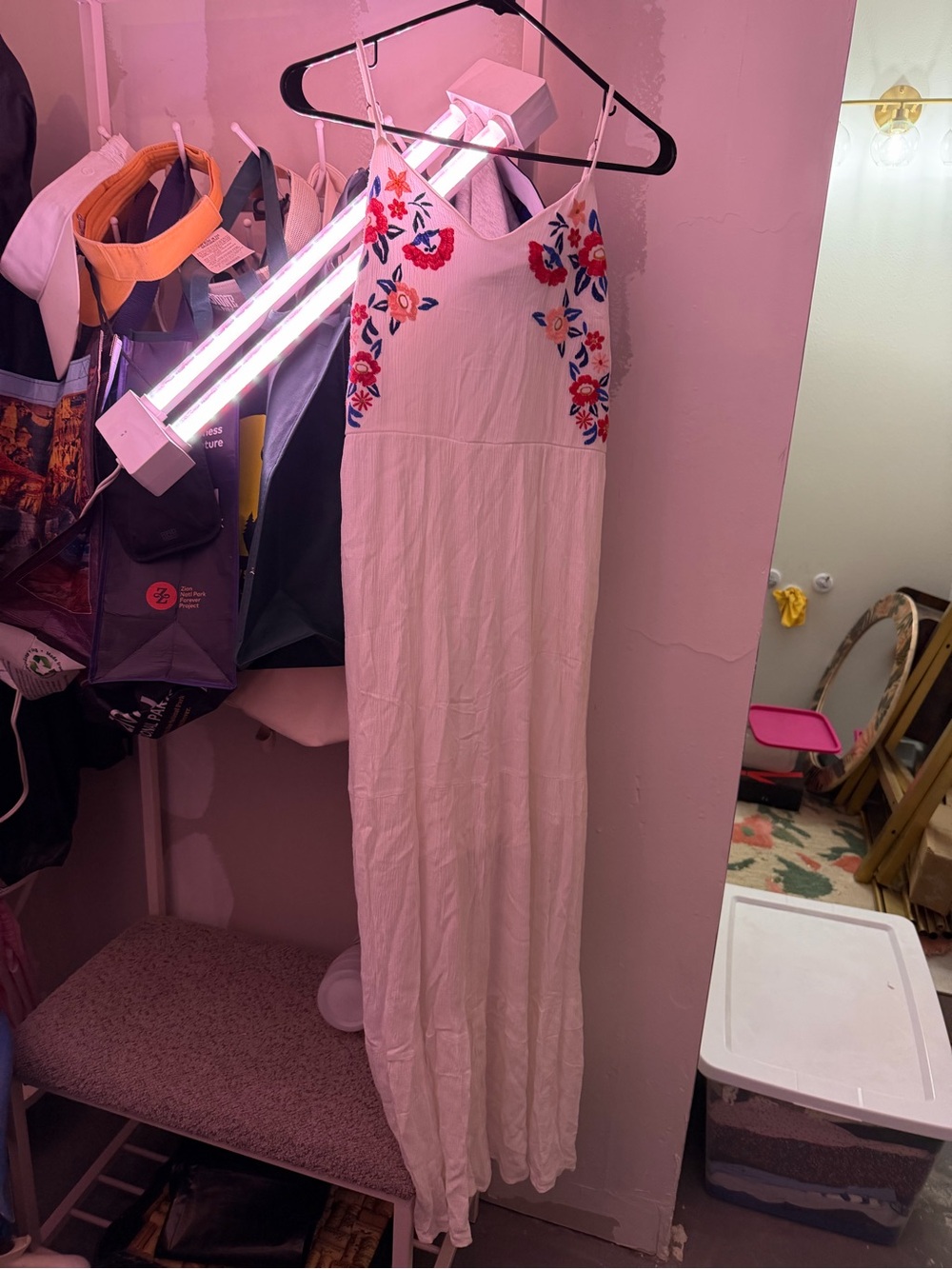 Xhilaration White Maxi Dress with Red & Blue Floral Embroidery